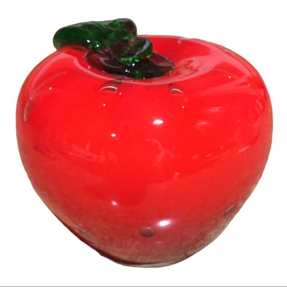 Vintage Mid Century Red Strawberry Art Blown Glass Paperweight Large Heavy